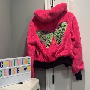Dolls Kill Club EXX Fluffy HOT PINK Butterfly 🦋 jacket! BNWT! XS!